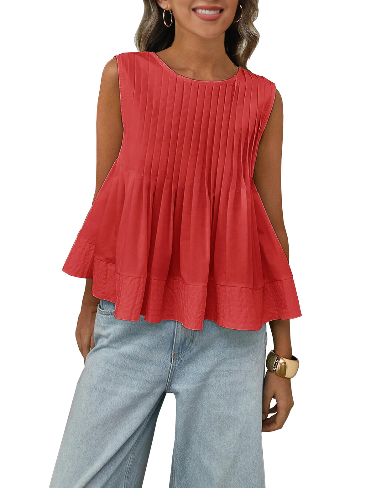 Megfie Womens Summer Pleated Peplum Sleeveless Blouse Tank Tops Round Neck Y2K Babydoll Blouse Shirt