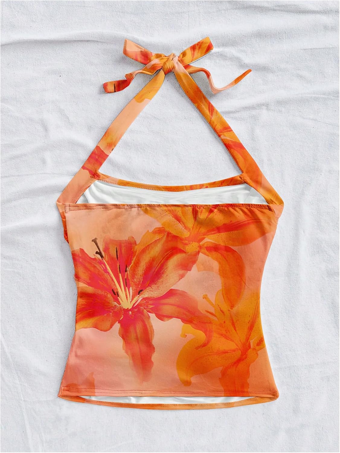 WDIRARA Women's Floral Tie Backless Ruched Halter Tops Sleeveless Beach Vacation Crop Top