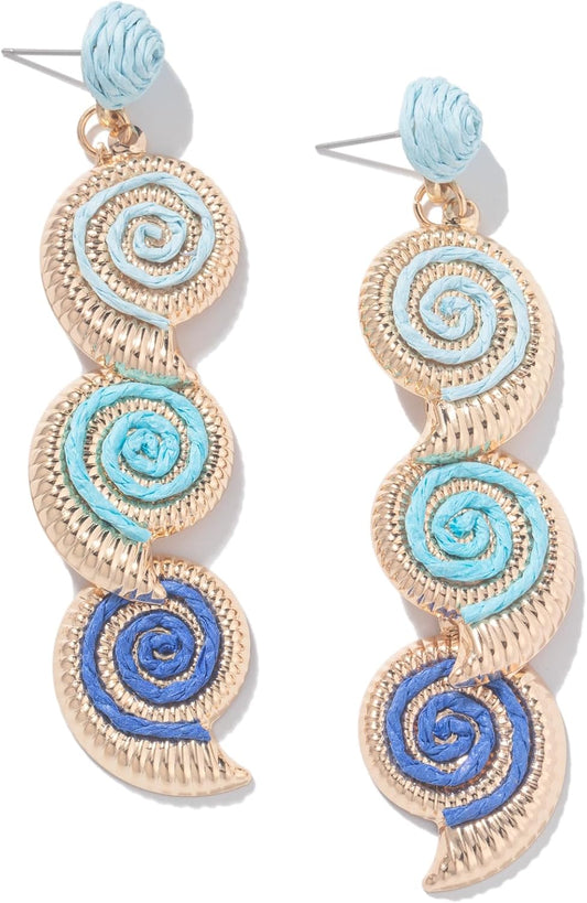 Raffia Starfish Seashell Dangle Drop Earrings Boho Summer Beach Jewelry | Fun Colorful Chunky Statement Long Big Shell Accessories Beachy Tropical Vacation Outfits for Women Trendy