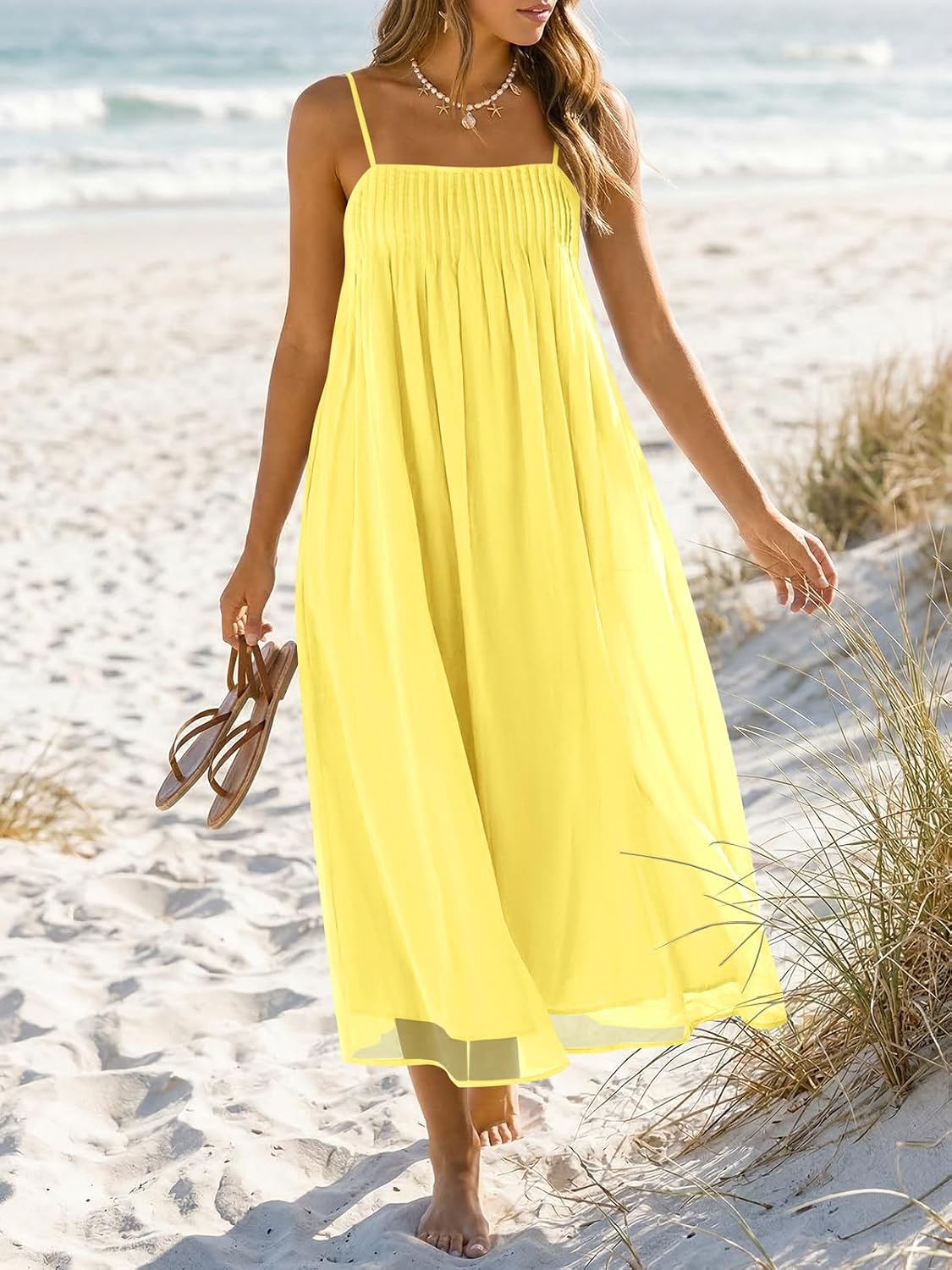 Wenrine Women's Summer Boho Maxi Dresses Spaghetti Straps Chiffon Sundress | Beach Vacation, Flowy, Linen, Casual, Loose, Pleated, Sleeveless, Midi Long Dress with Pockets