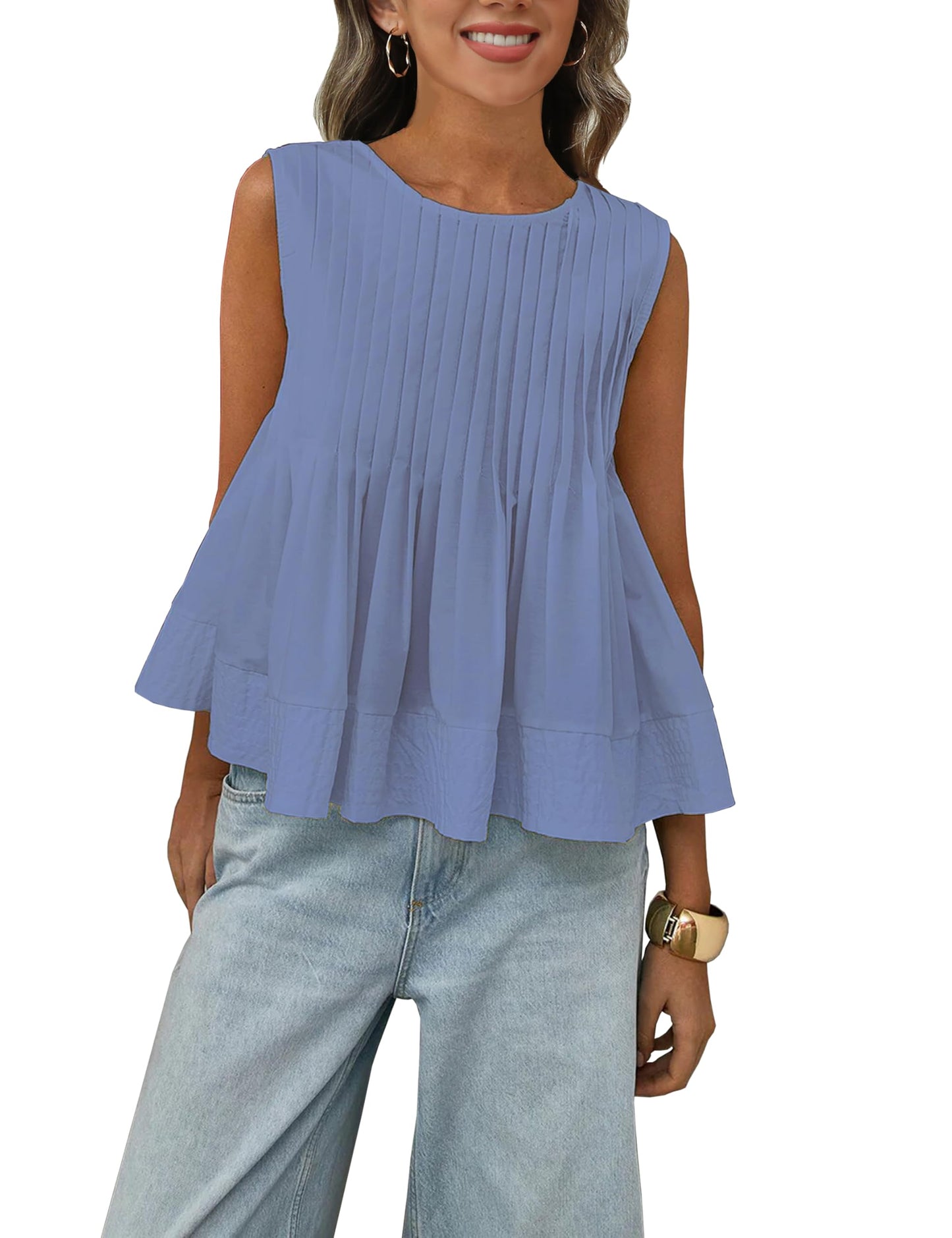 Megfie Womens Summer Pleated Peplum Sleeveless Blouse Tank Tops Round Neck Y2K Babydoll Blouse Shirt