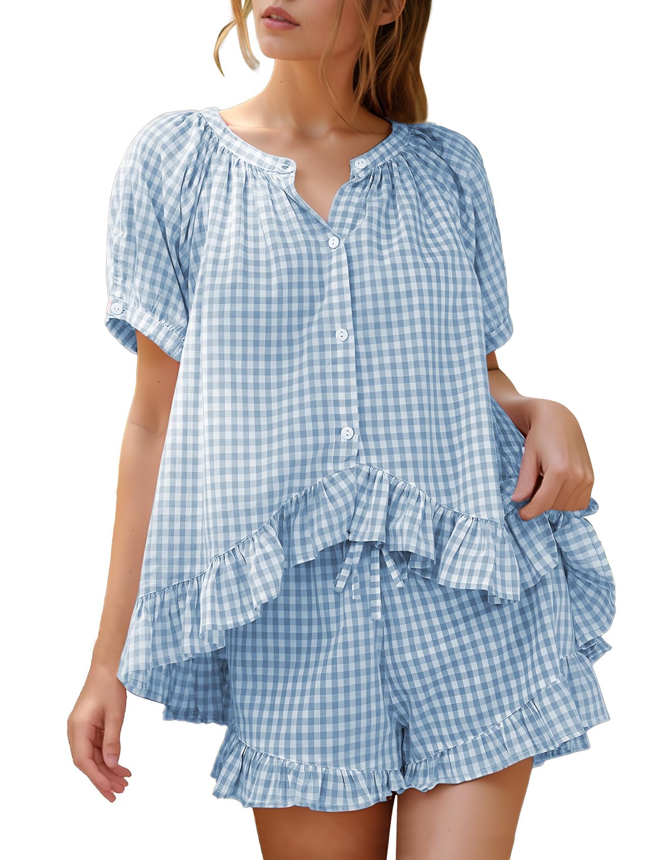 Flygo Cotton Pajamas for Women Gingham Set Lounge Sets | 100% Cotton, Plaid, Babydoll Top, Relaxed Fit, Puff Sleeve, Shorts, Pockets, Summer, Sleepwear, Vacation, Wedding, Parties
