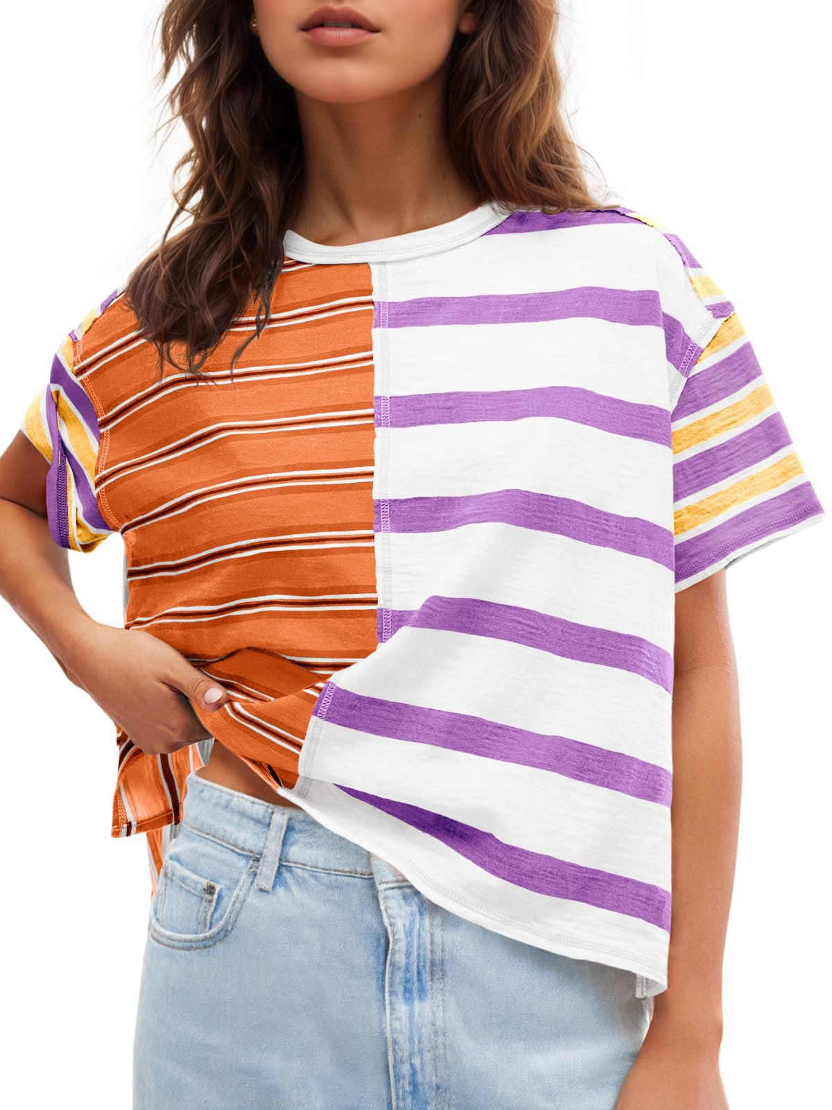 Tankaneo Womens Summer Striped Shirts Casual Color Block Short Sleeve Tops Loose Fit Crew Neck Tees