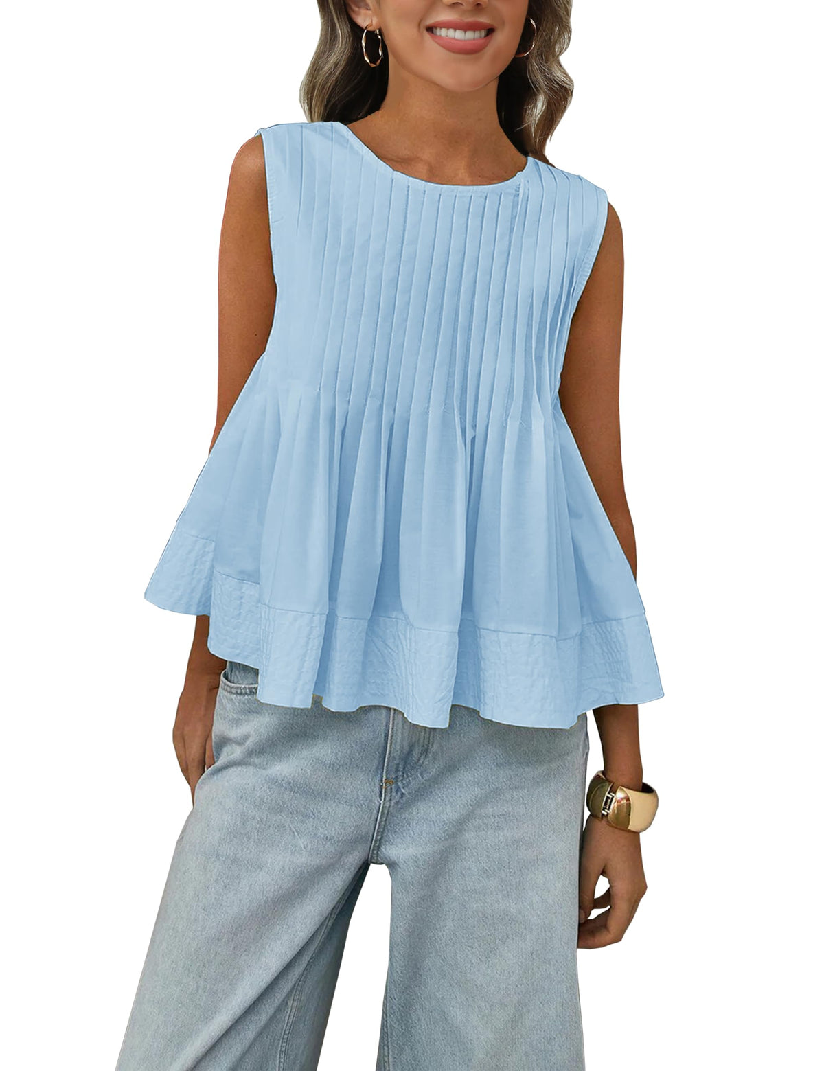 Megfie Womens Summer Pleated Peplum Sleeveless Blouse Tank Tops Round Neck Y2K Babydoll Blouse Shirt