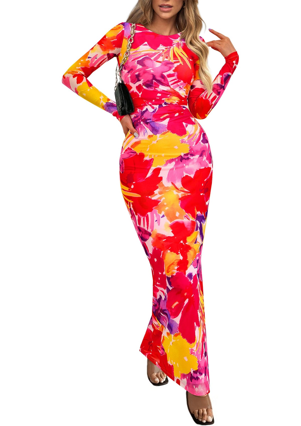 PRETTYGARDEN Women's Floral Bodycon Maxi Fall Dress | Sheer Mesh, Boho Tie Dye, Long Sleeve Fitted, Ruched Waist, Wedding Guest, Cocktail Party Holiday, Elegant Spring Outfits