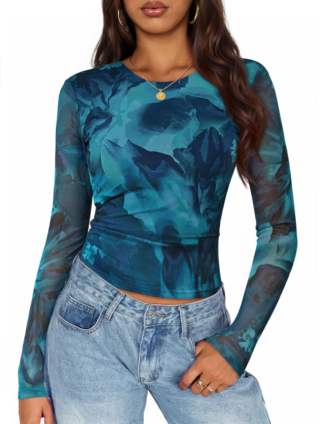 ZESICA Womens Floral Mesh Going Out Tops Fall Long Sleeve Y2K Shirts | Crew Neck, Slim Fit Ruched Top, Sexy Y2K Trendy Clothes, Date Night Outfit for Women