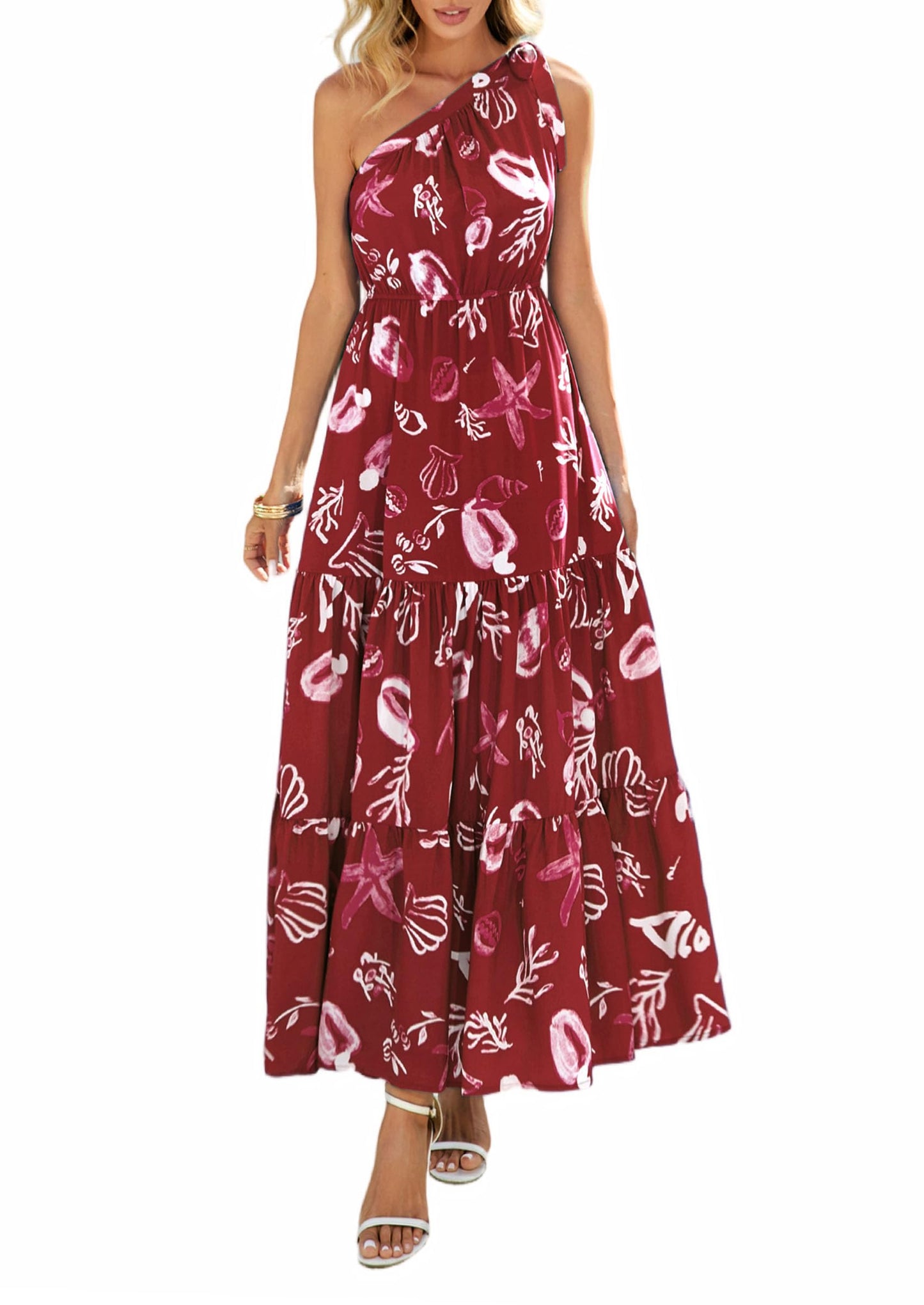 PRETTYGARDEN Women's One Shoulder Boho Floral Maxi Dress | Sleeveless Tiered A Line, Long Flowy Sundress, Tie Knot Summer Vacation Dresses, Spring Wedding Guest Outfits for Beach Party