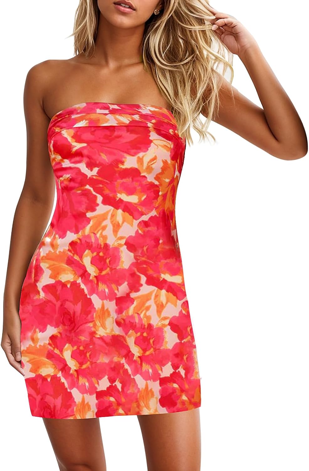 Women's Sexy Tube Dress Summer Y2K Floral Print Strapless Bodycon Mini Dress Date Night Party Club Bandeau Short Dresses