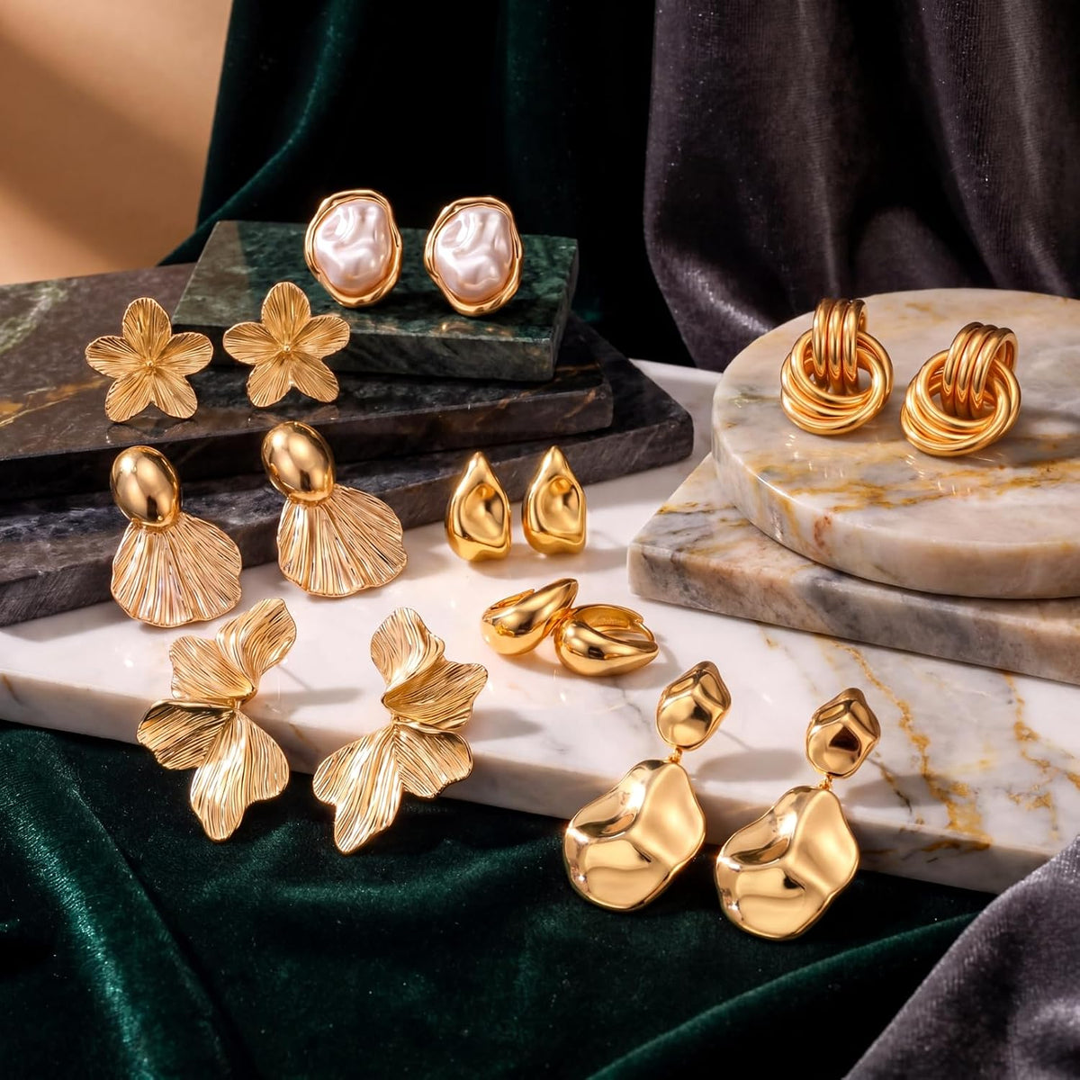 Nosiny 8 Pairs Chunky Gold Beach Earrings for Women Statement Starfish Seashell Flower Summer Earring Fashion Jewelry Set