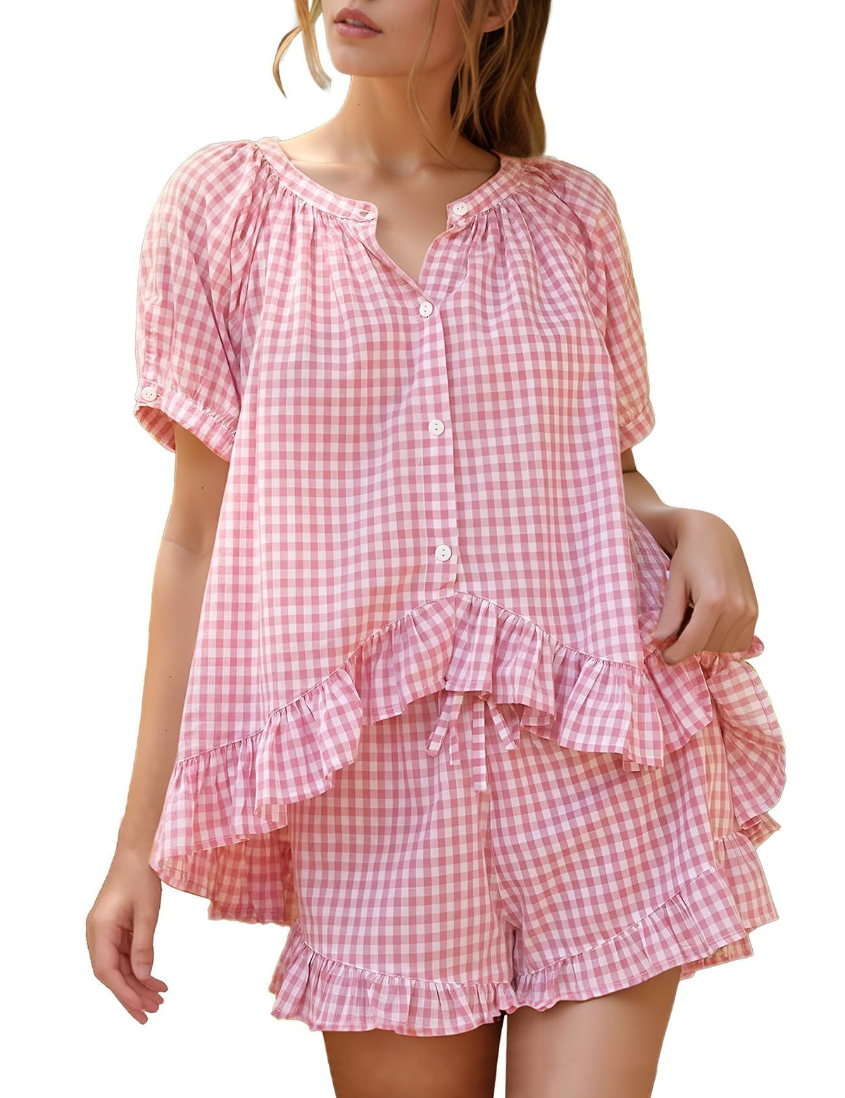 Flygo Cotton Pajamas for Women Gingham Set Lounge Sets | 100% Cotton, Plaid, Babydoll Top, Relaxed Fit, Puff Sleeve, Shorts, Pockets, Summer, Sleepwear, Vacation, Wedding, Parties