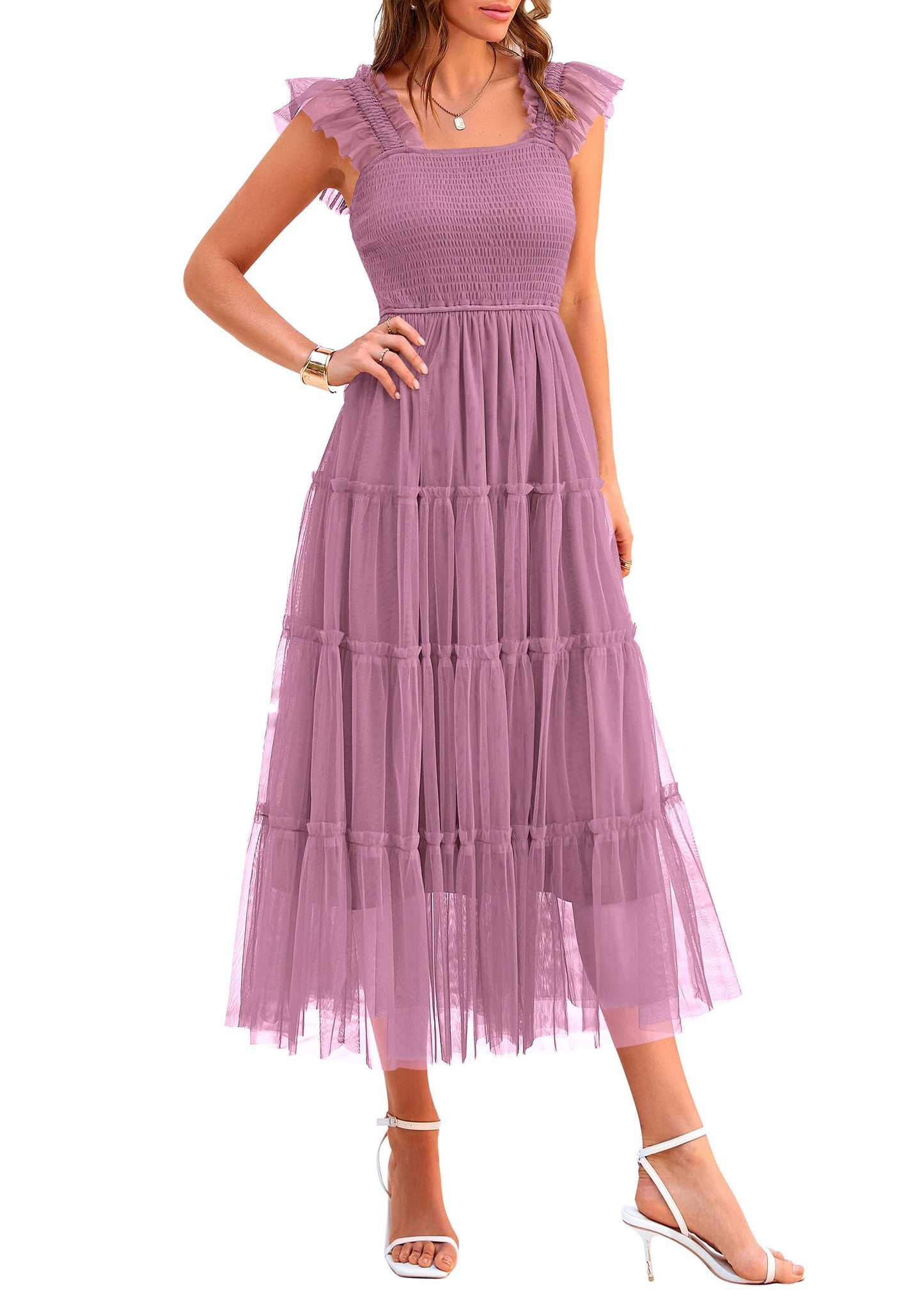 PRETTYGARDEN Women's Summer Smocked Midi Tulle Dress | Sleeveless Square Neck A Line, Flowy Tiered Mesh, Spring Semi Formal Wedding Guest Outfits, Homecoming Prom Party Dresses
