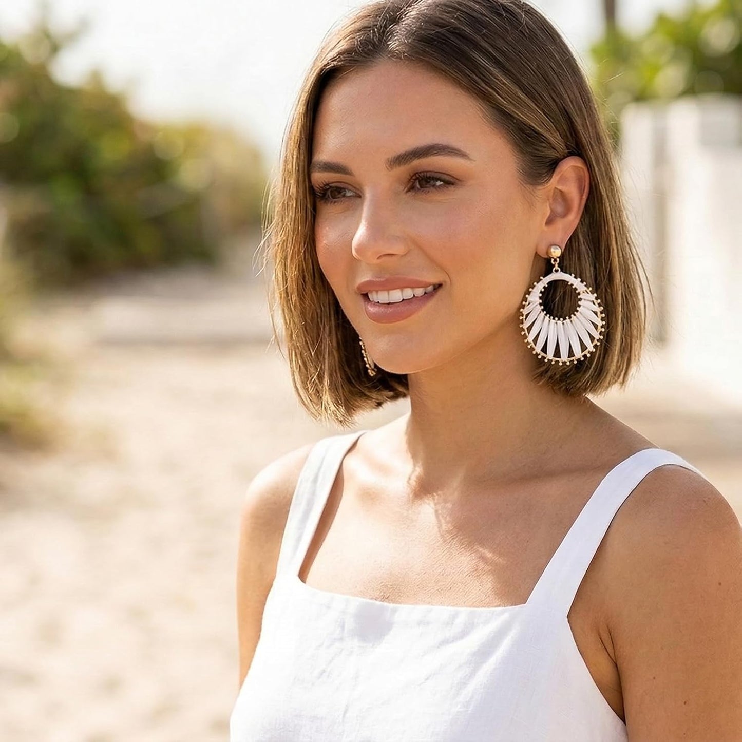 Boho Raffia Dangle Beach Vacation Summer Earrings | Lightweight Statement, Tropical Handmade Woven Rattan, Gold Toned, Aesthetic Trendy Unique Jewelry