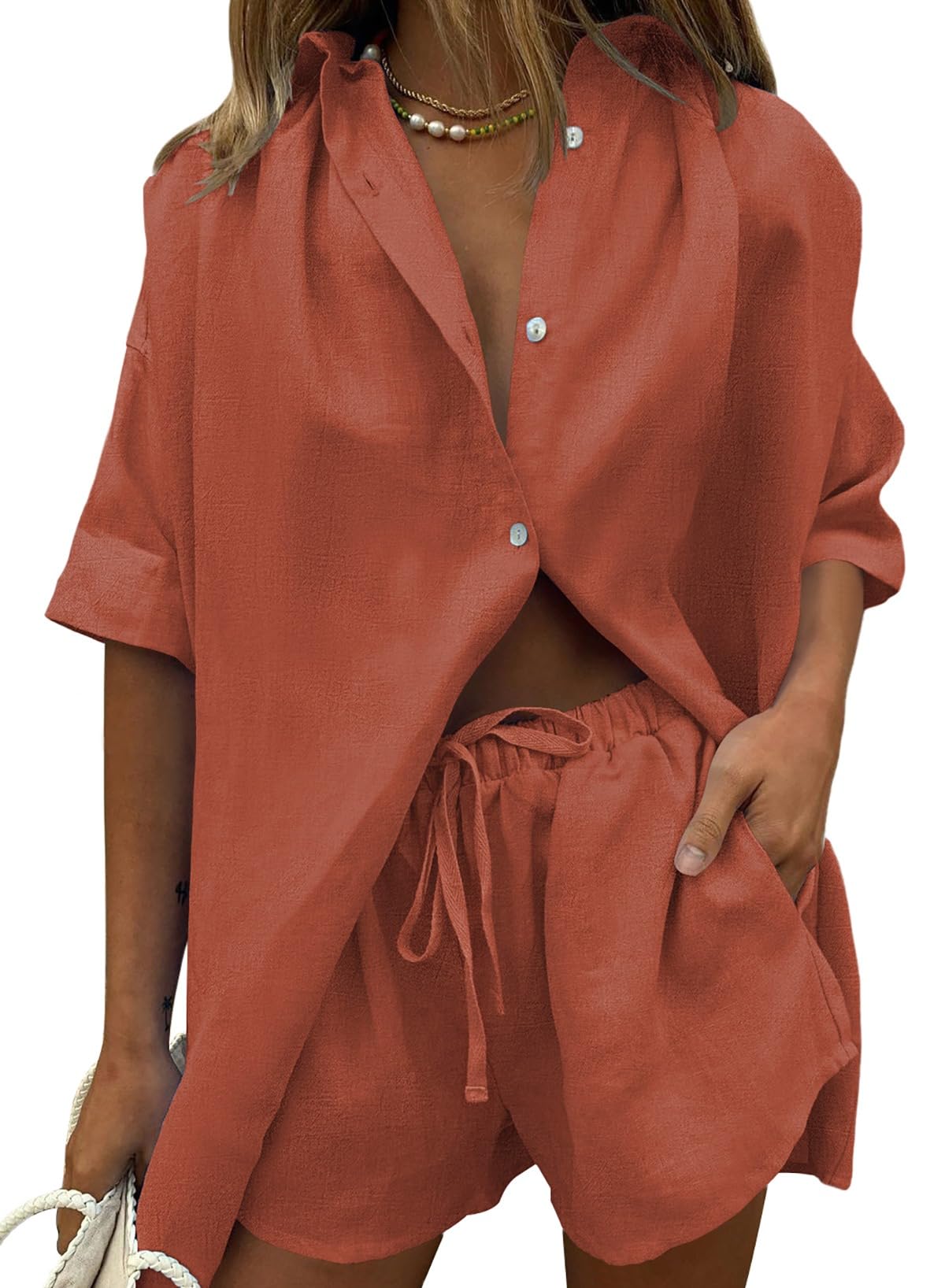 Fixmatti Women 2 Piece Outfits Long Sleeve Button Down Blouse and Shorts Sweatsuit Sets