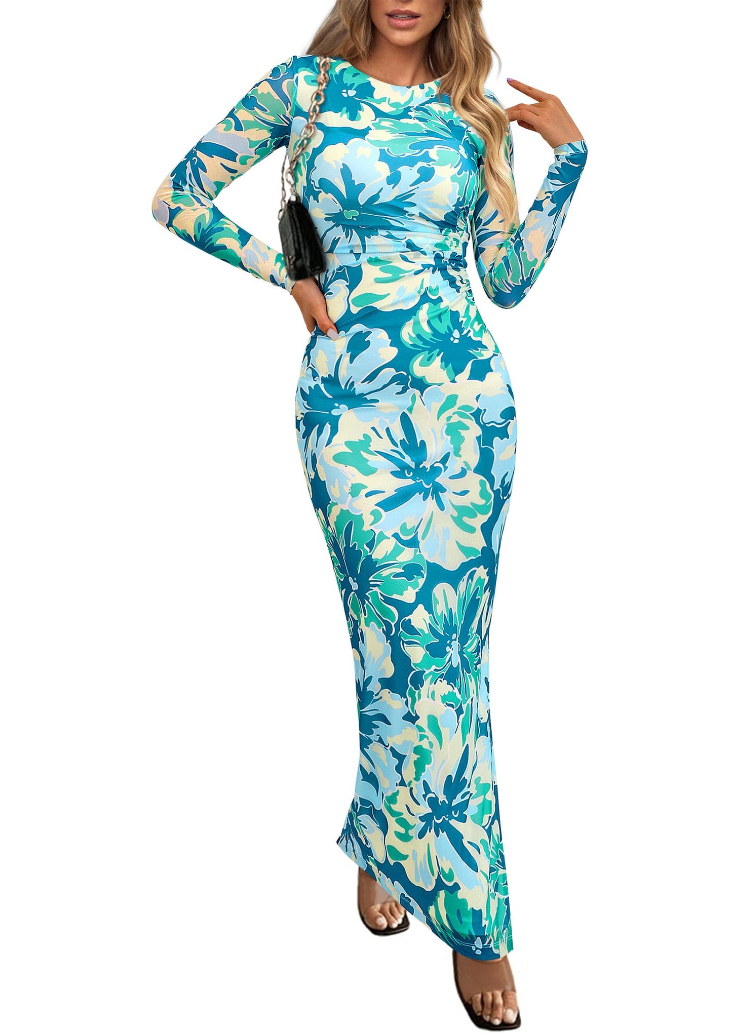 PRETTYGARDEN Women's Floral Bodycon Maxi Fall Dress | Sheer Mesh, Boho Tie Dye, Long Sleeve Fitted, Ruched Waist, Wedding Guest, Cocktail Party Holiday, Elegant Spring Outfits