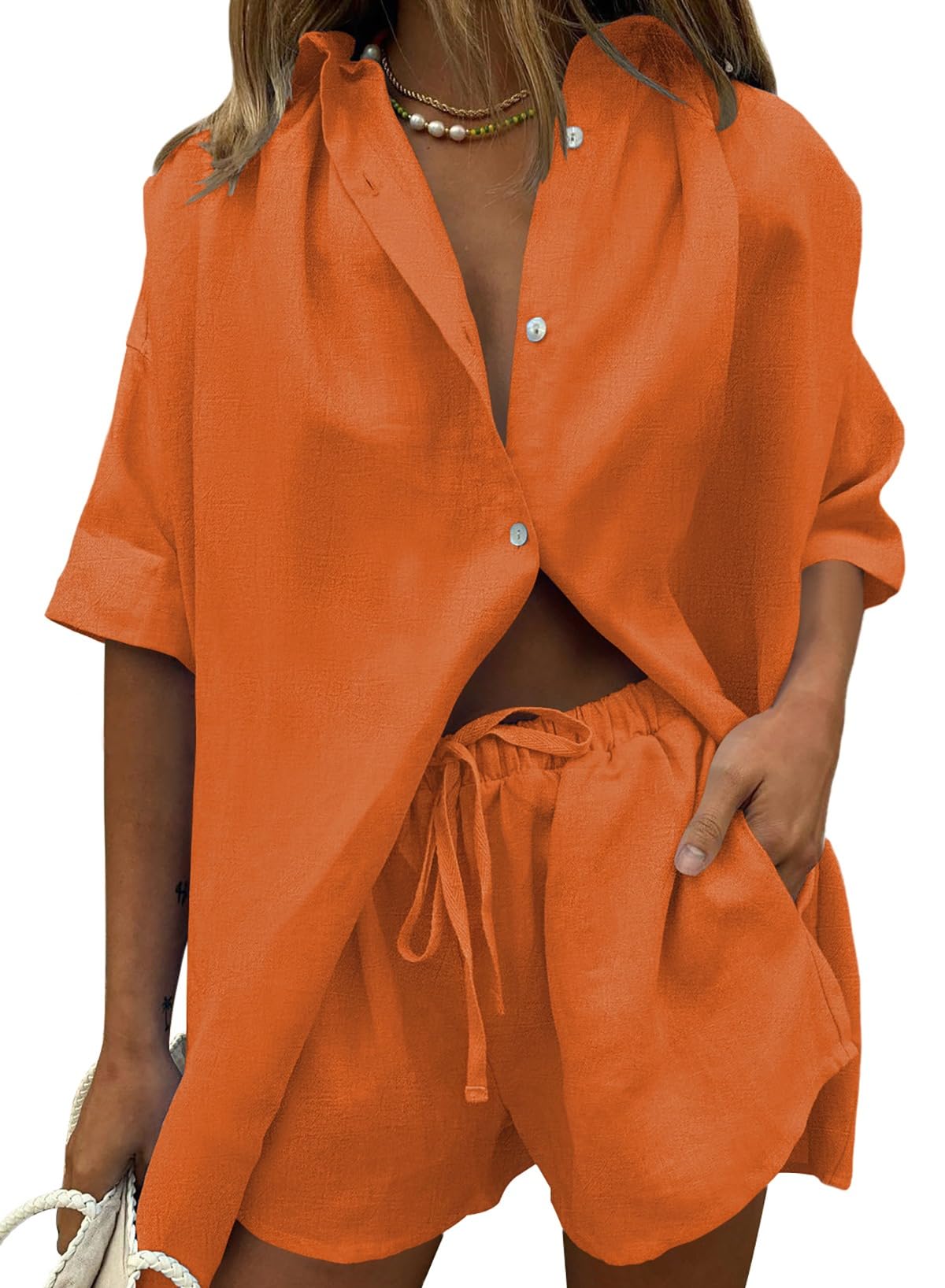 Fixmatti Women 2 Piece Outfits Long Sleeve Button Down Blouse and Shorts Sweatsuit Sets