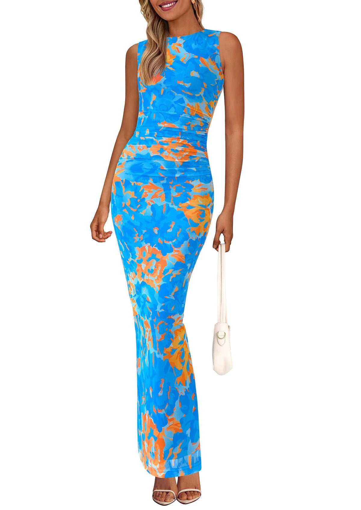 PRETTYGARDEN Women's Summer Formal Floral Maxi Dress | Sleeveless Ruched Bodycon Mesh Long Dresses, Elegant Spring Dress for Wedding Guest, Bridal Shower, Cocktail Party, Vacation