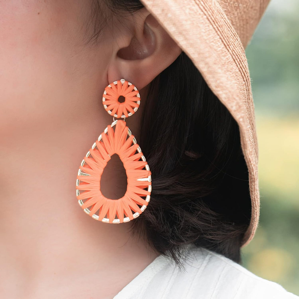 Boho Teardrop Raffia Dangle Earrings Statement Chunky Summer Beach Jewelry | Colorful Dangly Drop Handmade Bohemian Accessories Colorful Fun Vacation Spring Tropical Hawaiian Coastal Outfits for Women