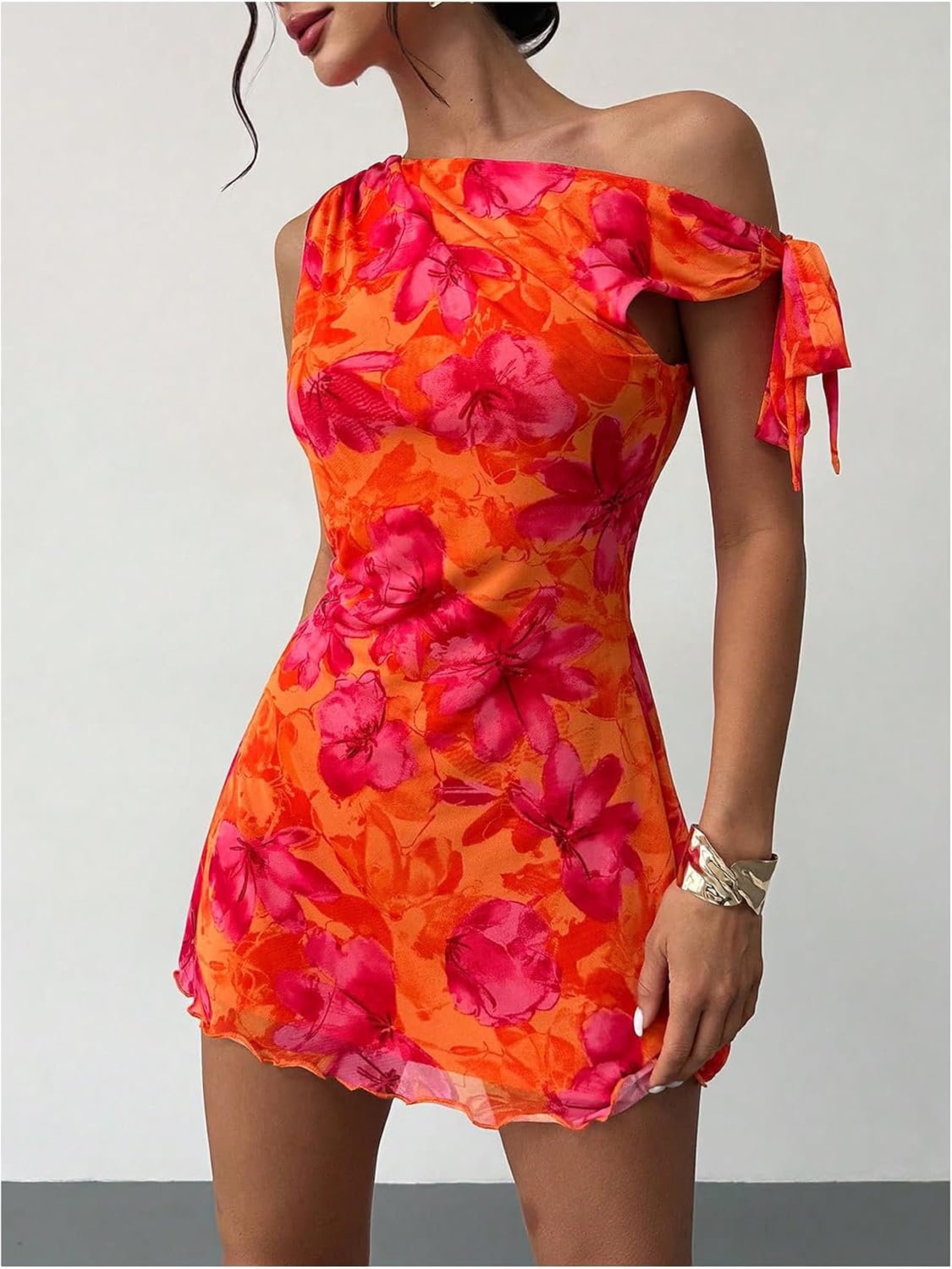 GORGLITTER Women's One Shoulder Wedding Guest Cocktail Mini Dresses | Orange Vacation Beach Sunset Dress, Floral Short Dress, Brunch Outfits, Asymmetrical Dresses