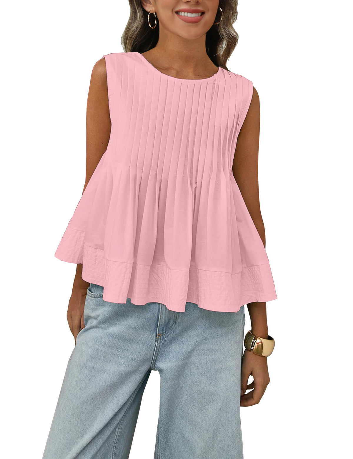 Megfie Womens Summer Pleated Peplum Sleeveless Blouse Tank Tops Round Neck Y2K Babydoll Blouse Shirt