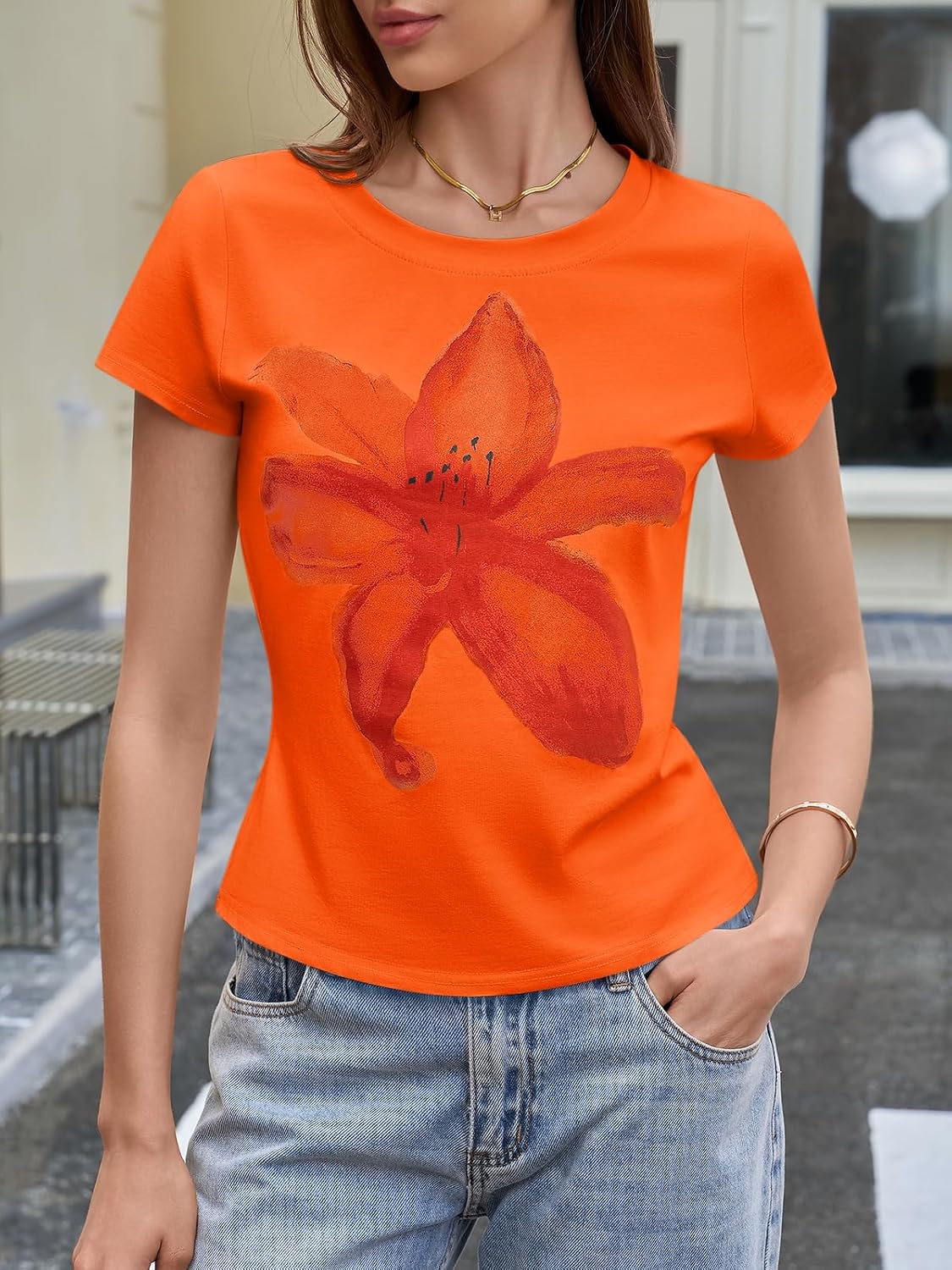Tankaneo Womens Baby Tee Y2K Tops Summer Short Sleeve Graphic T Shirts | Floral Print, Crop Tops, Cotton, Short Sleeve, Slim Fit, Basic Tees