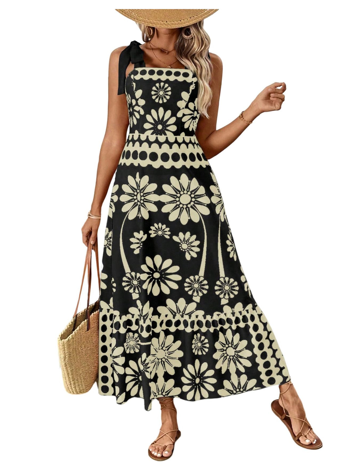 Floerns Women's Vintage Sleeveless Tie Shoulder Sundress Floral Print Cami Maxi Dress