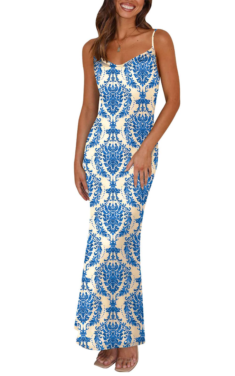 PRETTYGARDEN Women's 2026 Summer Floral Spaghetti Strap Maxi Dress Stretch Sexy Bodycon Dress Backless Slip Long Dresses