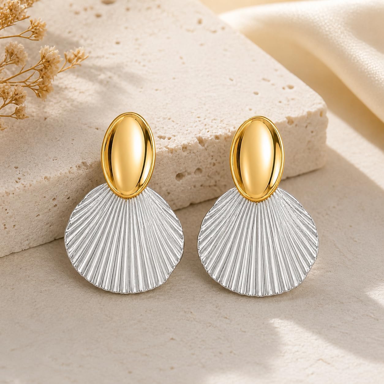 Shell Drop Earrings for Women, Gold Stud Fan Shape Dangle Earrings Beach Vacation Statement Jewelry for Summer Wear