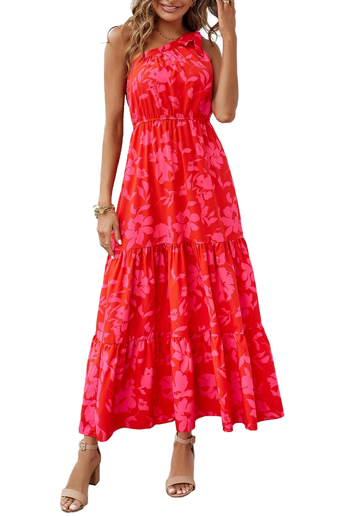 PRETTYGARDEN Women's One Shoulder Boho Floral Maxi Dress | Sleeveless Tiered A Line, Long Flowy Sundress, Tie Knot Summer Vacation Dresses, Spring Wedding Guest Outfits for Beach Party