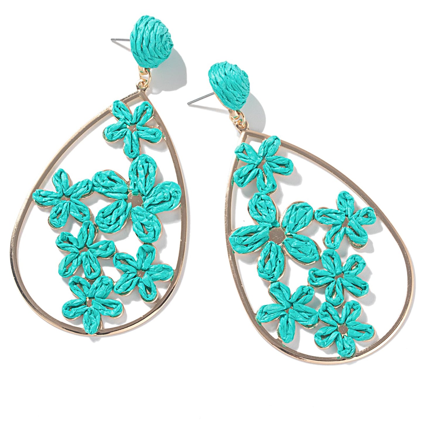 Boho Raffia Flower Teardrop Earrings Cute Colorful Dangle Trendy Jewelry | Floral Drop Statement Big Dangling Earring Hypoallergenic Gold Fun Unique Summer Spring Beach Vacation Outfits for Women