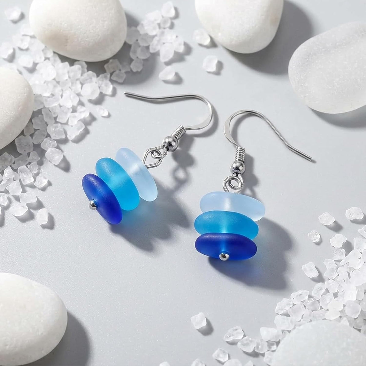 1 Pair Sea Glass Drop Dangle Earrings, Blue White Three Layer Gradient Handmade Sea Glass Jewelry for Women Beach Coastal Vacation