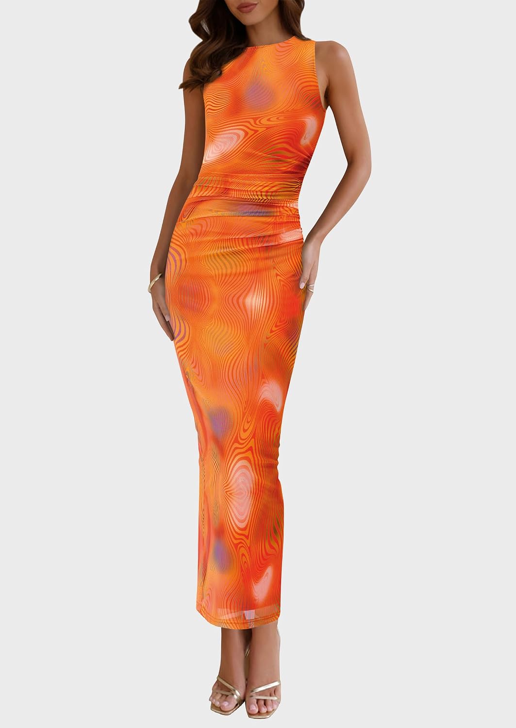 PRETTYGARDEN Women's Summer Formal Floral Maxi Dress | Sleeveless Ruched Bodycon Mesh Long Dresses, Elegant Spring Dress for Wedding Guest, Bridal Shower, Cocktail Party, Vacation