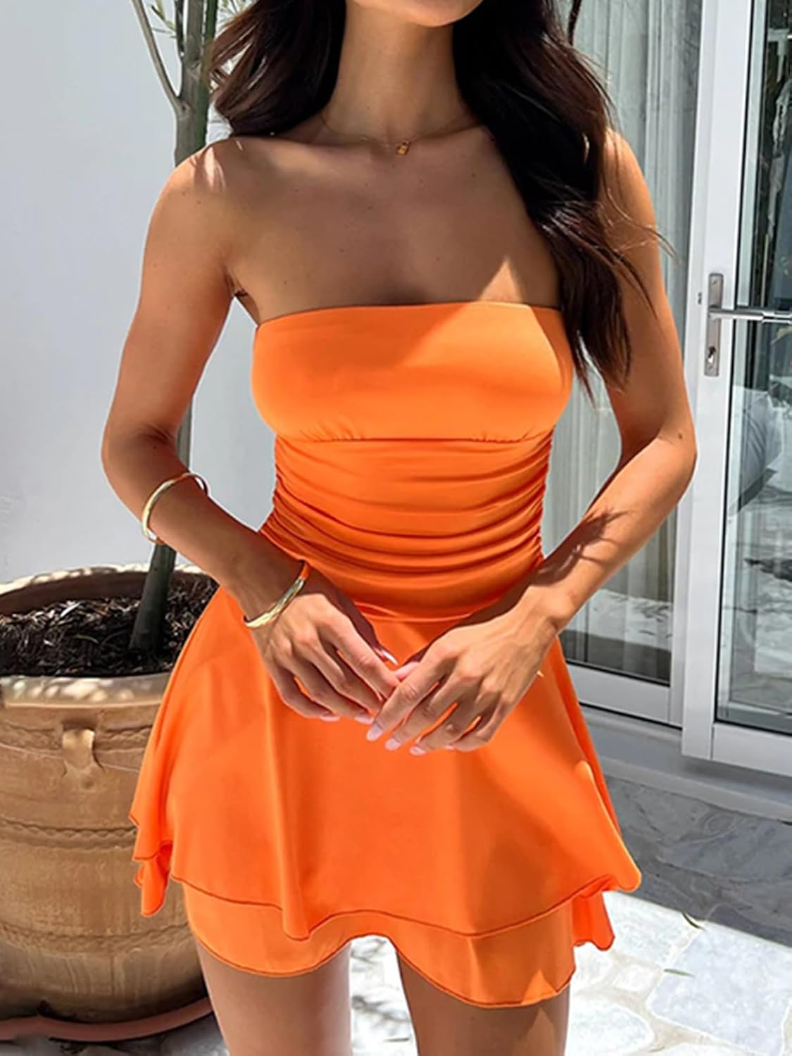 Women Strapless Tube Top Mini Dress Ruffle Layer Summer Party Dress | Soft Silky Feel, Flowy A-Line Fit, Ruched Basque Waist, Perfect for Homecoming, Birthday, Vacation, Cute Going-Out Outfits