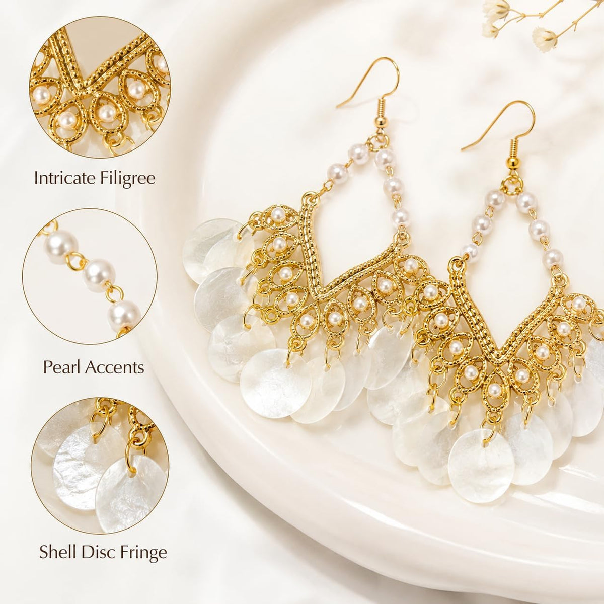 Boho Pearl Shell Dangle Earrings for Women, Gold Chandelier Drop Earrings | Lightweight statement earrings with white shell disc fringe, ideal for summer beach vacations, bohemian outfits and gifting.