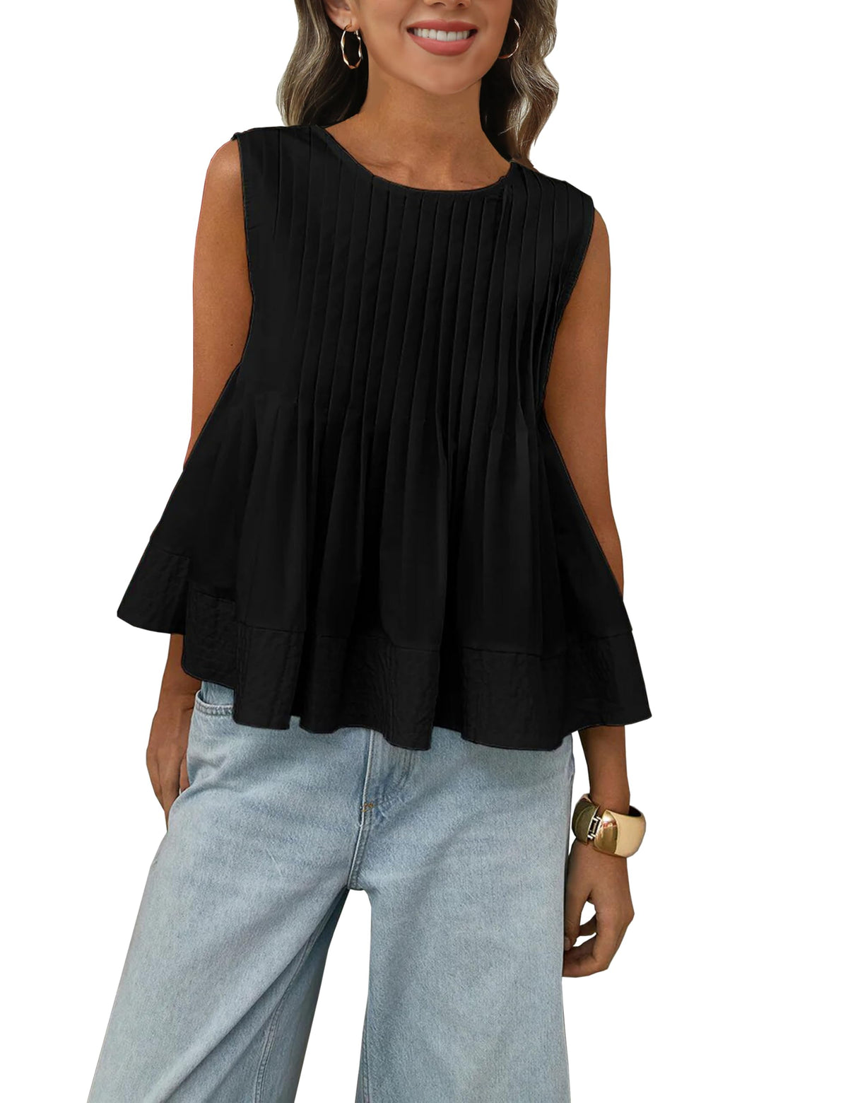 Megfie Womens Summer Pleated Peplum Sleeveless Blouse Tank Tops Round Neck Y2K Babydoll Blouse Shirt