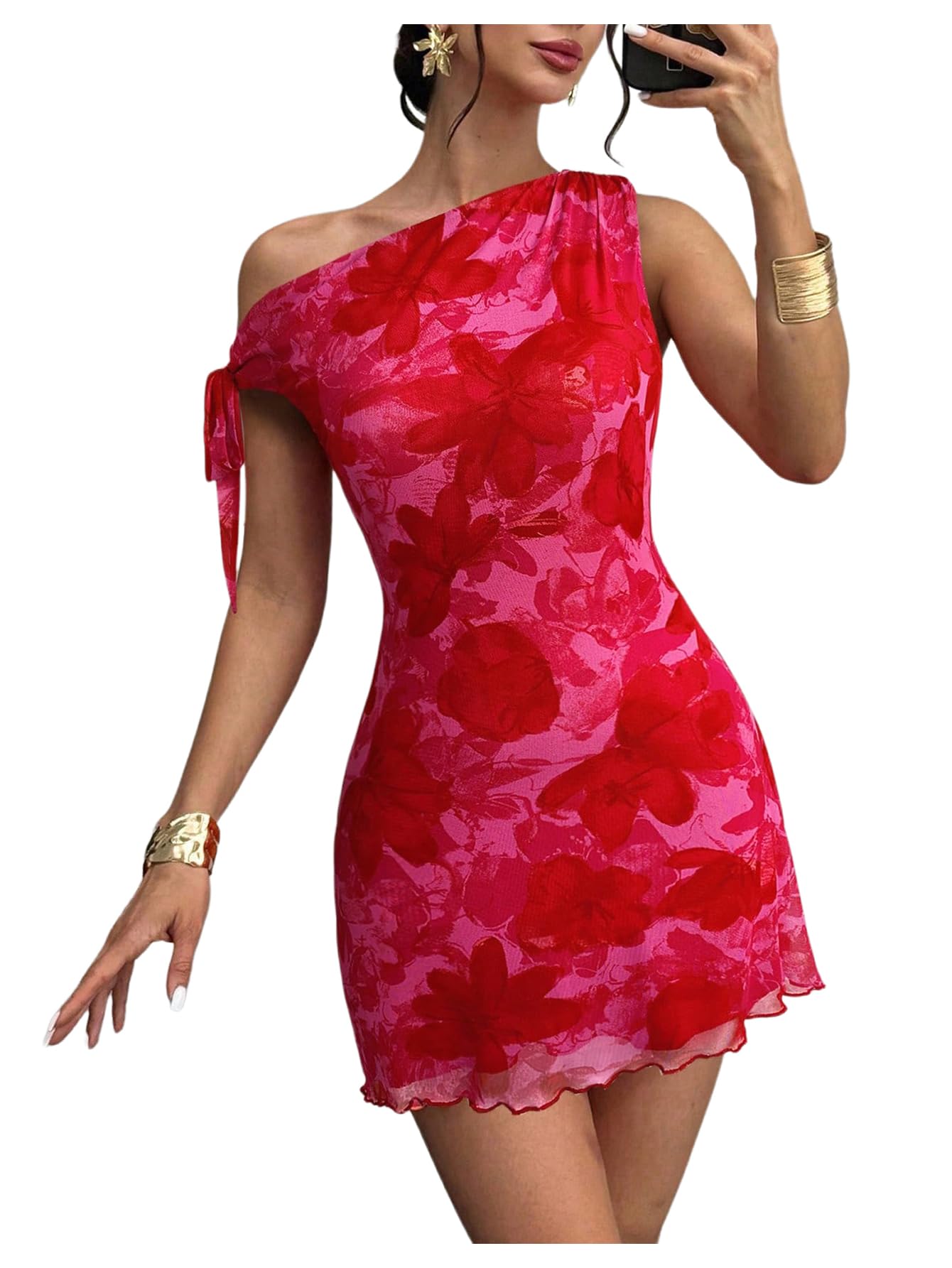 GORGLITTER Women's One Shoulder Wedding Guest Cocktail Mini Dresses | Orange Vacation Beach Sunset Dress, Floral Short Dress, Brunch Outfits, Asymmetrical Dresses