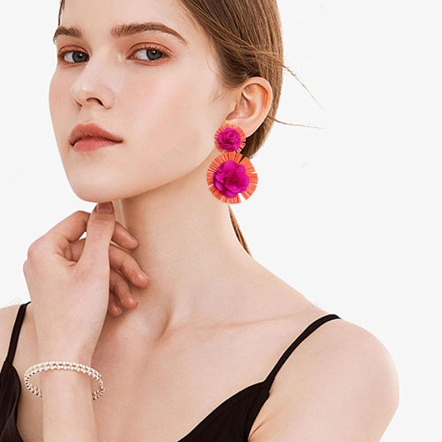 Raffia Flower Earrings Raffia Straw Wrapped Hot Pink Flower Drop Dangle Earrings Summer Tropical Beach Jewelry