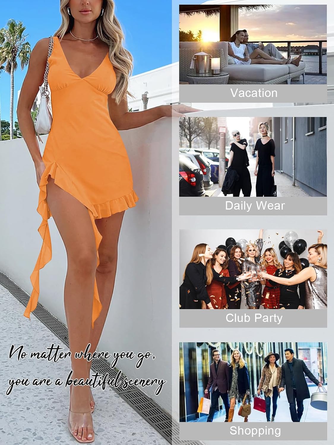 MIYIEONZ Women Summer Mini Dress Formal Short Wedding Guest Dresses | Mesh,Sleeveless,V neck,Backless,Hight Slit,Ruffle,Bodycon Short Dress,Flowy Y2k,Spring,Cocktail Club Sunset Going Out Outfits
