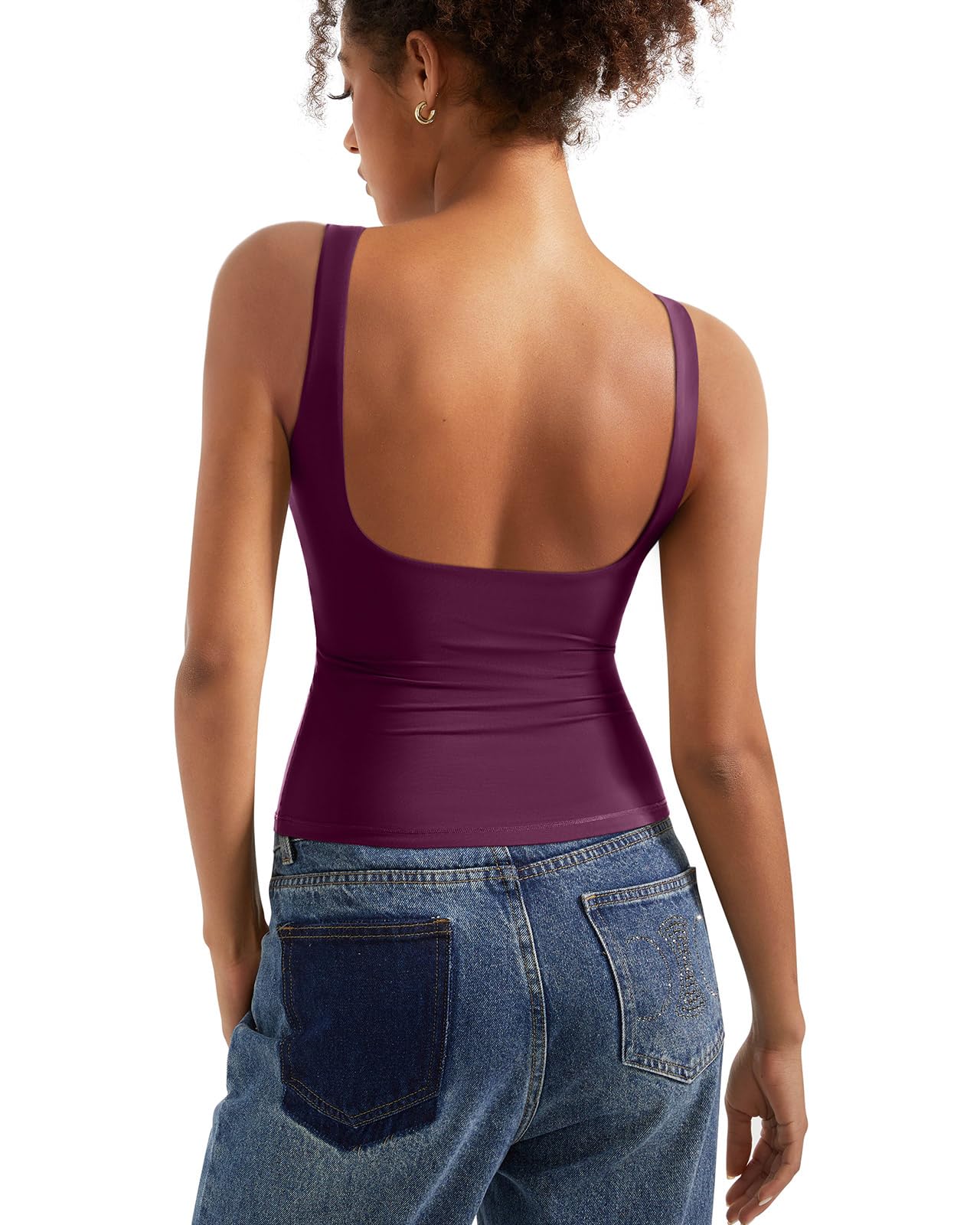 SUUKSESS Women Padded Open Back Boat Neck Tank Top Double Lined Basic Shirt | Backless Sleeveless Built in Bra Tops Slim Fitted Summer Going Out Top
