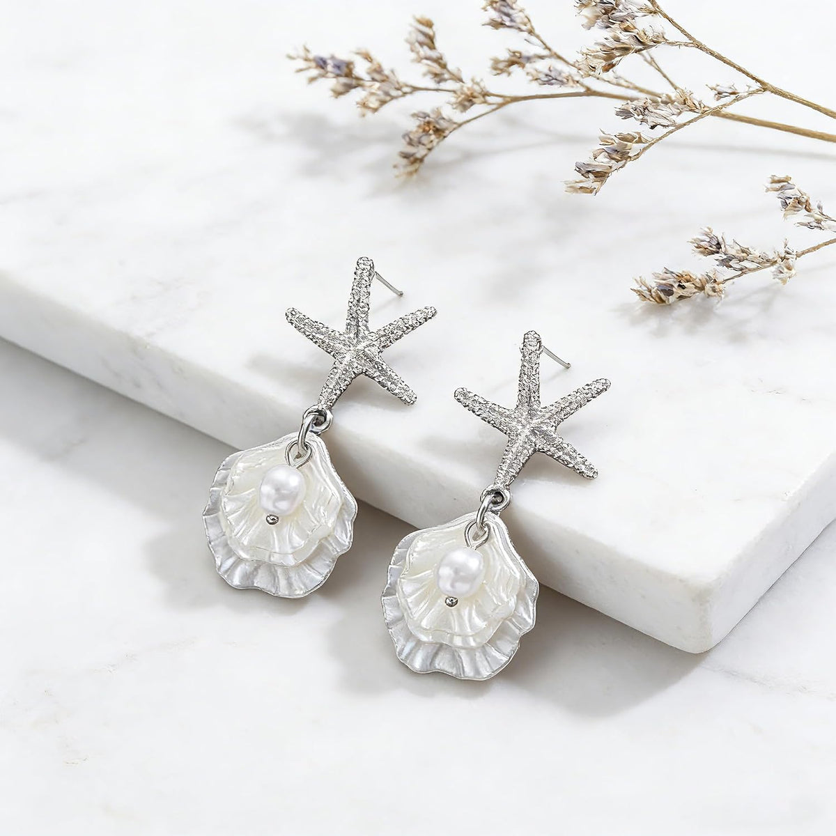 Gold Starfish Earrings Beach Jewelry Pearl Seashell Drop Earrings for Women Boho Summer Ocean Beachy Trendy Vacation Accessories