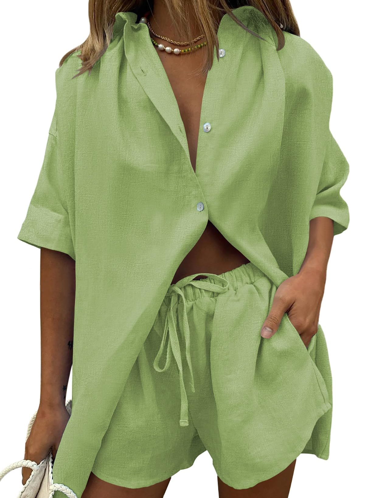 Fixmatti Women 2 Piece Outfits Long Sleeve Button Down Blouse and Shorts Sweatsuit Sets