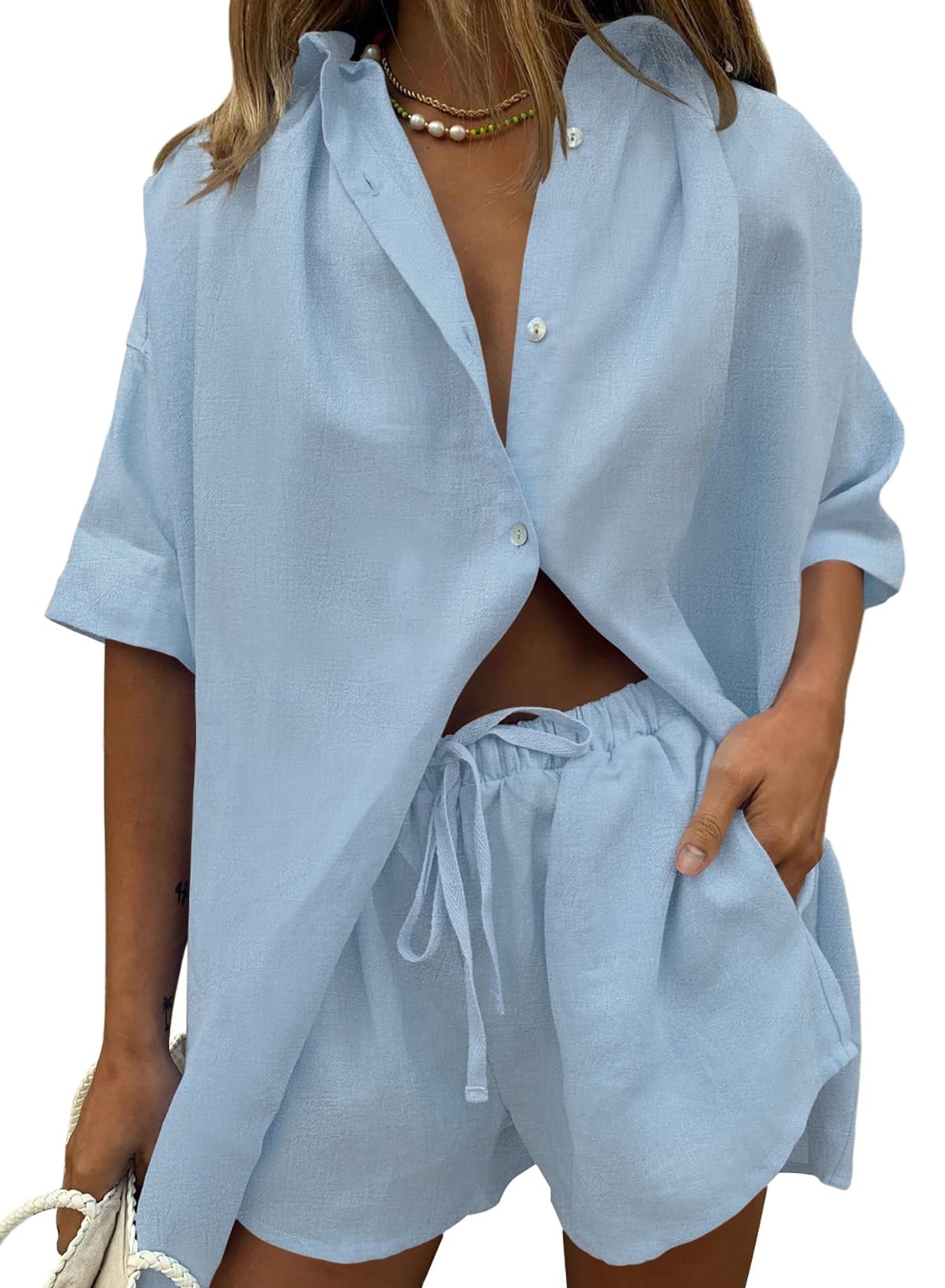 Fixmatti Women 2 Piece Outfits Long Sleeve Button Down Blouse and Shorts Sweatsuit Sets