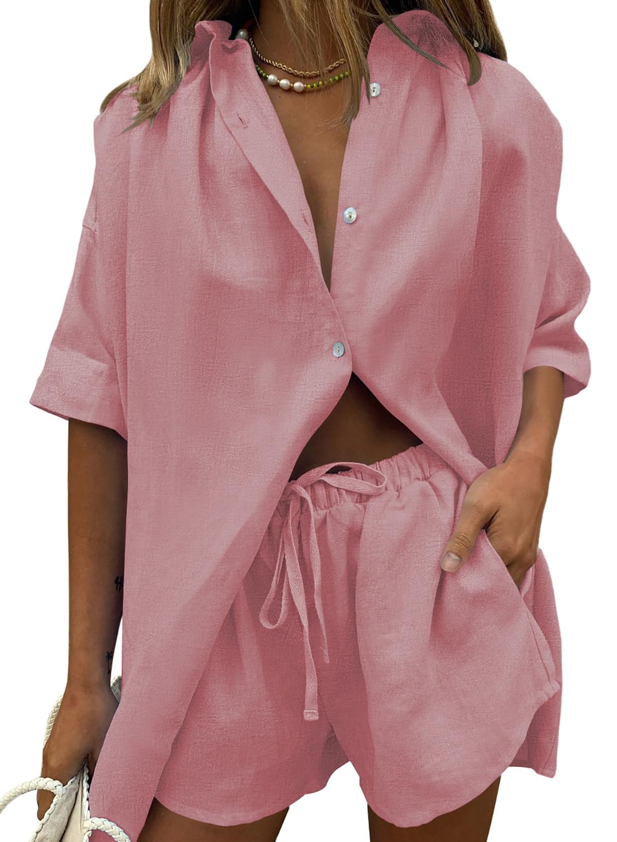 Fixmatti Women 2 Piece Outfits Long Sleeve Button Down Blouse and Shorts Sweatsuit Sets