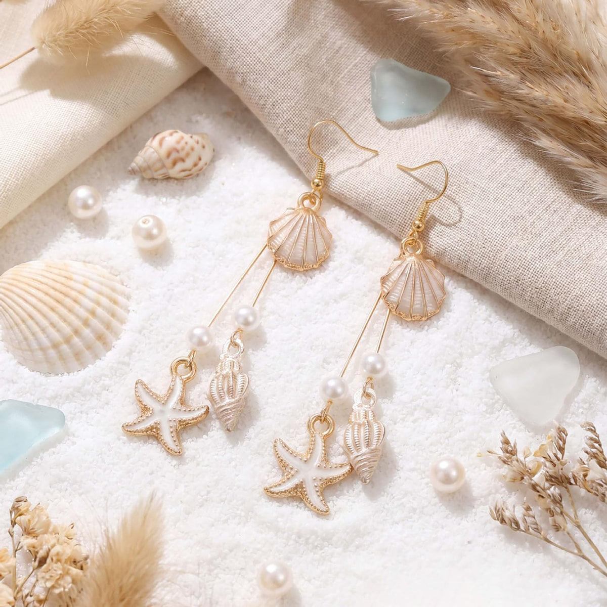 Gold Starfish Shell Dangle Drop Earrings Summer Beach Jewelry for Women | Boho Conch Shell Drop Earrings Ocean Beach Jewelry for Summer Vacation Outfits Accessories