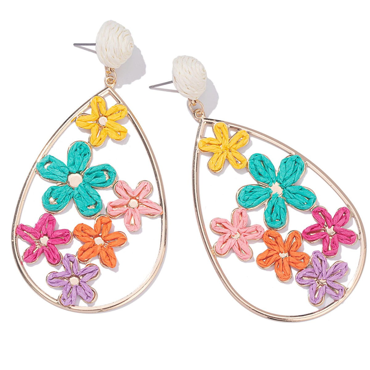 Boho Raffia Flower Teardrop Earrings Cute Colorful Dangle Trendy Jewelry | Floral Drop Statement Big Dangling Earring Hypoallergenic Gold Fun Unique Summer Spring Beach Vacation Outfits for Women