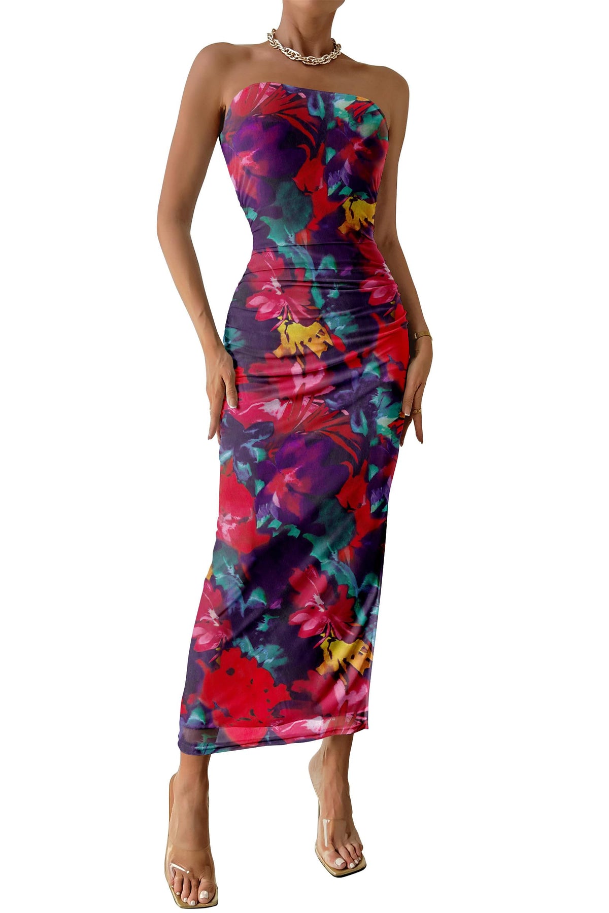PRETTYGARDEN Women's Strapless Bodycon Floral Maxi Dress | Stretchy Lined Mesh, Long Tube Dresses, Ruched Slit, Spring Summer Y2K Outfits for Wedding, Date Night Party, Beach Vacation