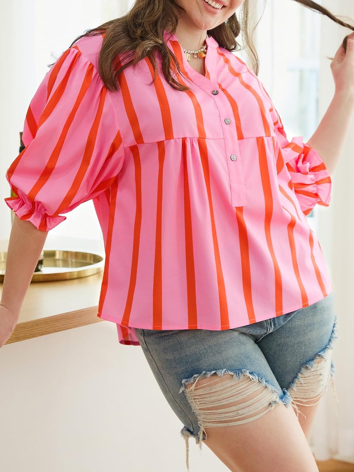 Tankaneo Womens Puff Sleeve Summer Babydoll Tops Cute V Neck Striped Blouse | Casual, Loose Fit, Flowy Shirts, Button, Boho, Work, Dressy, Peplum Blouses