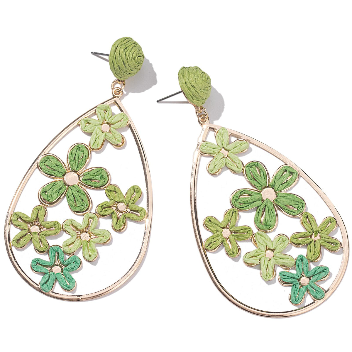Boho Raffia Flower Teardrop Earrings Cute Colorful Dangle Trendy Jewelry | Floral Drop Statement Big Dangling Earring Hypoallergenic Gold Fun Unique Summer Spring Beach Vacation Outfits for Women
