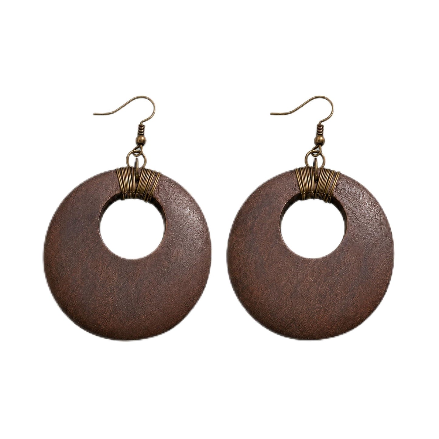 Brown Wooden Boho Dangle Earrings for Women, African Earrings | Lightweight Wooden Statement Earrings with Raffia Accents and African Boho Style for Summer Vacation and Everyday Wear