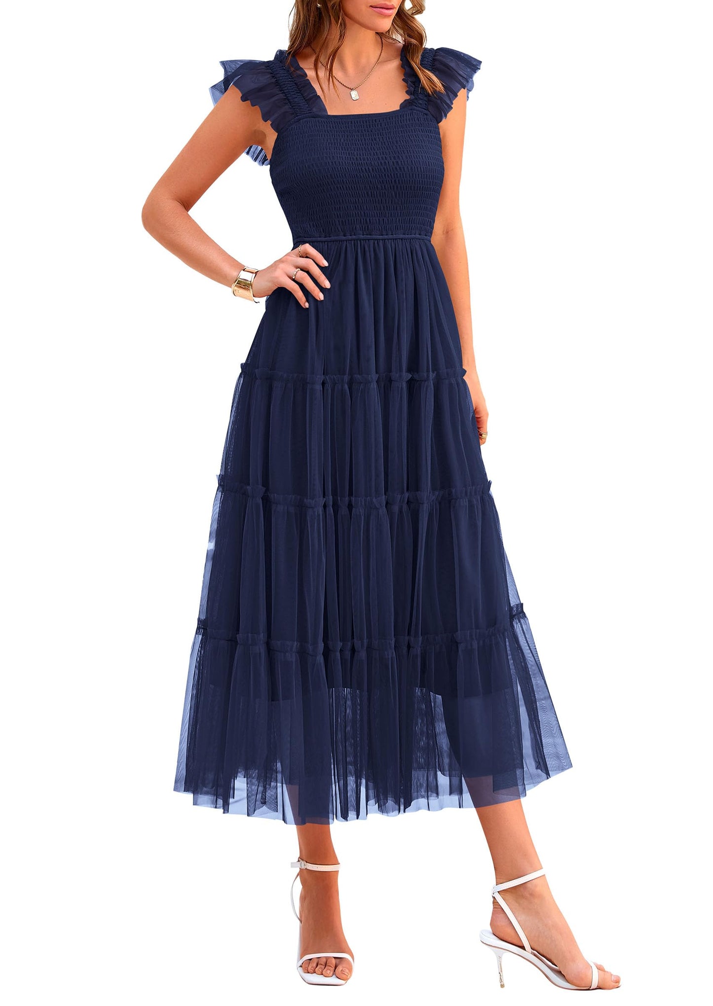 PRETTYGARDEN Women's Summer Smocked Midi Tulle Dress | Sleeveless Square Neck A Line, Flowy Tiered Mesh, Spring Semi Formal Wedding Guest Outfits, Homecoming Prom Party Dresses