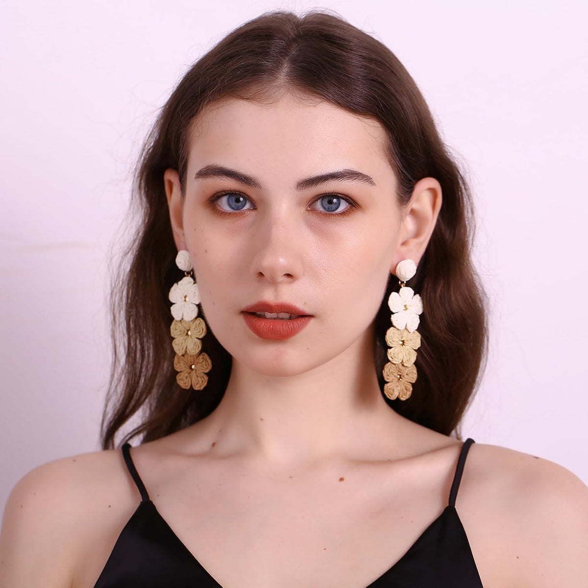 RUOFFETA Raffia Flower Earrings, Raffia Straw Wrapped Flower Drop Dangle Earrings Summer Tropical Beach Jewelry